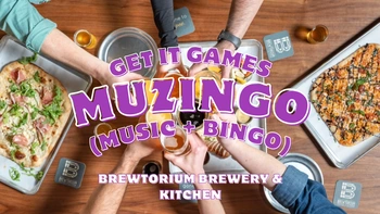 Top-down view of a group of friends toasting with craft beers around a wooden table at The Brewtorium Brewery & Kitchen in Austin during Muzingo (Music + Bingo). The table features two pizzas, game tiles and coasters, with a bold purple banner in the center that reads 'MUZINGO (Music + Bingo)' and 'BREWTORIUM BREWERY & KITCHEN' underneath.
