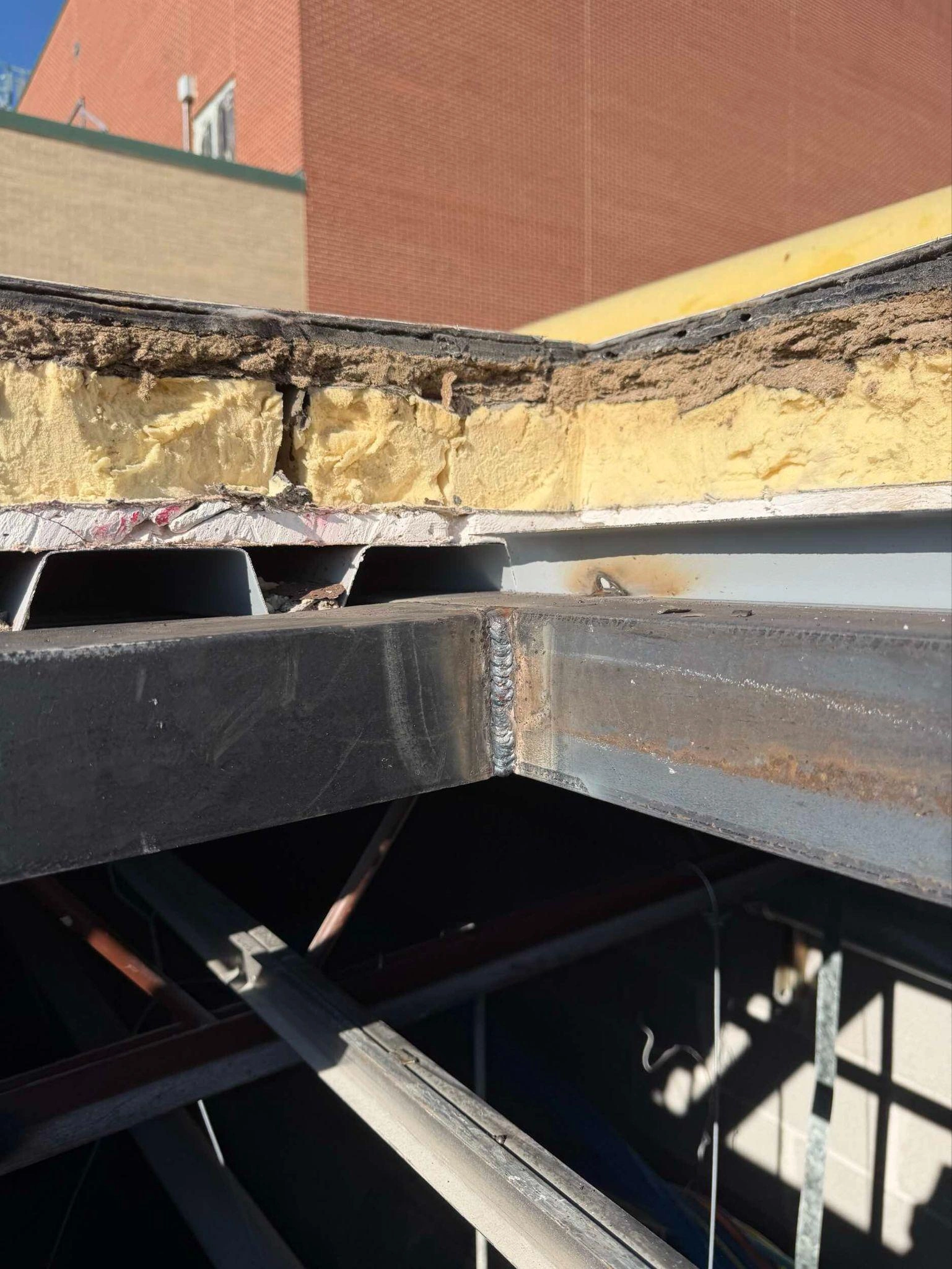 Steel framing and bracing below a skylight opening at Connally High School