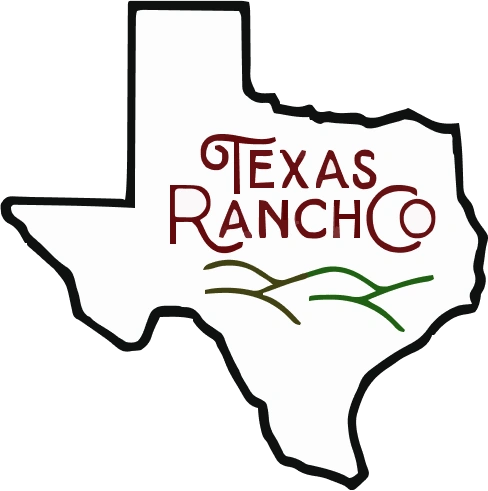 Stylized outline of Texas state shape containing the text 'Texas Rancho' in burgundy lettering with simple green rolling hills design below