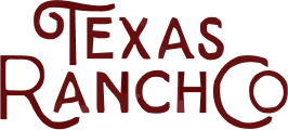 Stylized vintage typography logo design reading 'Texas Rancho' in deep burgundy red, featuring decorative serifs and western-style lettering