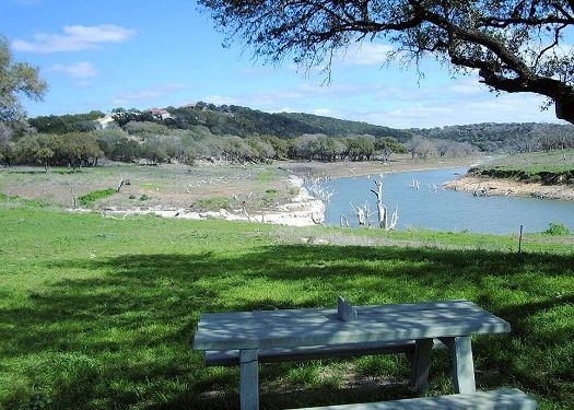 View from a picnic table of the river along Mystic Shores