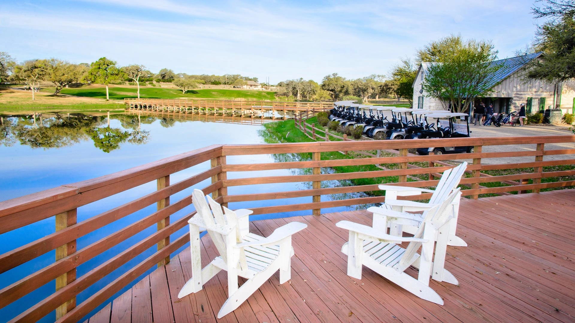 Golf club looking over pond at Rockin J Ranch