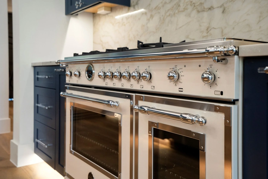 Front right of a high end chef stove oven combo for a modern kitchen 