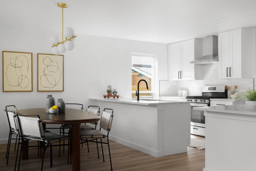 Modern kitchen and dining area with artistic accents