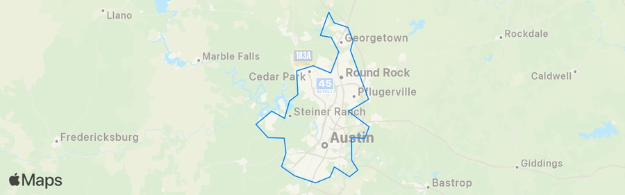 Map of Austin, Georgetown, Cedar Park, Wimberley, Lakeway, Bee Cave, Dripping Springs, West Lake Hills, Round Rock, Pflugerville