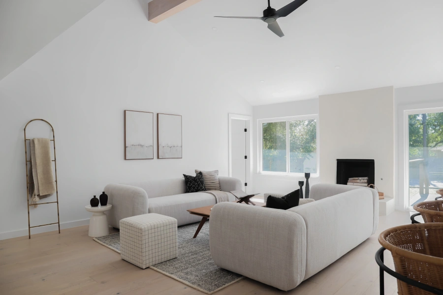 Modern family room with white sectional sofa