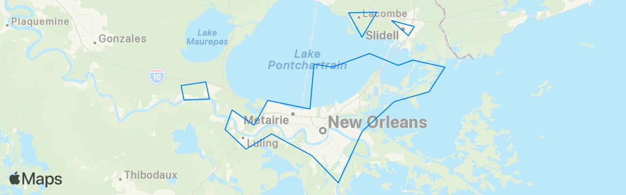 Map of New Orleans, Houma, Gretna, Hammond, Laplace, Slidell, Metairie, Chalmette, Covington, Mandeville, Kenner, Harahan, River Ridge, St. Rose, Destrehan, Luling, Madisonville, Abita Springs, Pearl River, Lacombe, Harvey, Marrero, Estelle, Woodmere, Avondale, Terrytown, Westwego, Avondale, Waggaman, Bridge City, Belle Chasse, Ponchatoula, Reserve, Norco, Hahnville